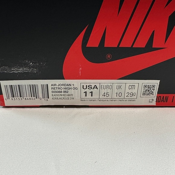 Nike Air Jordan 1 Retro High OG Black/Gym Red-White Sneakers - Picture 10 of 16